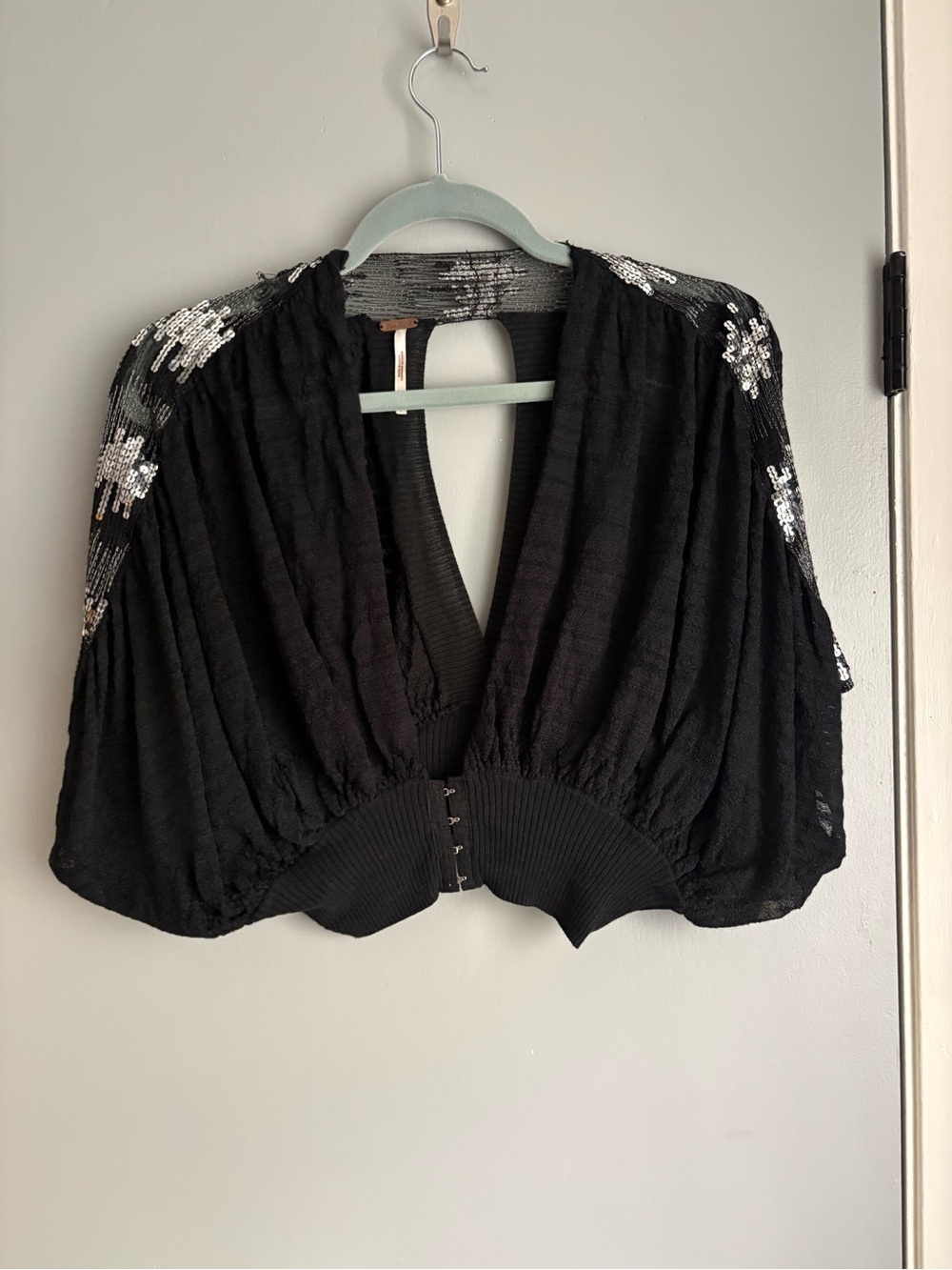 Black Sequin-Trim Dolman Sleeves crop top